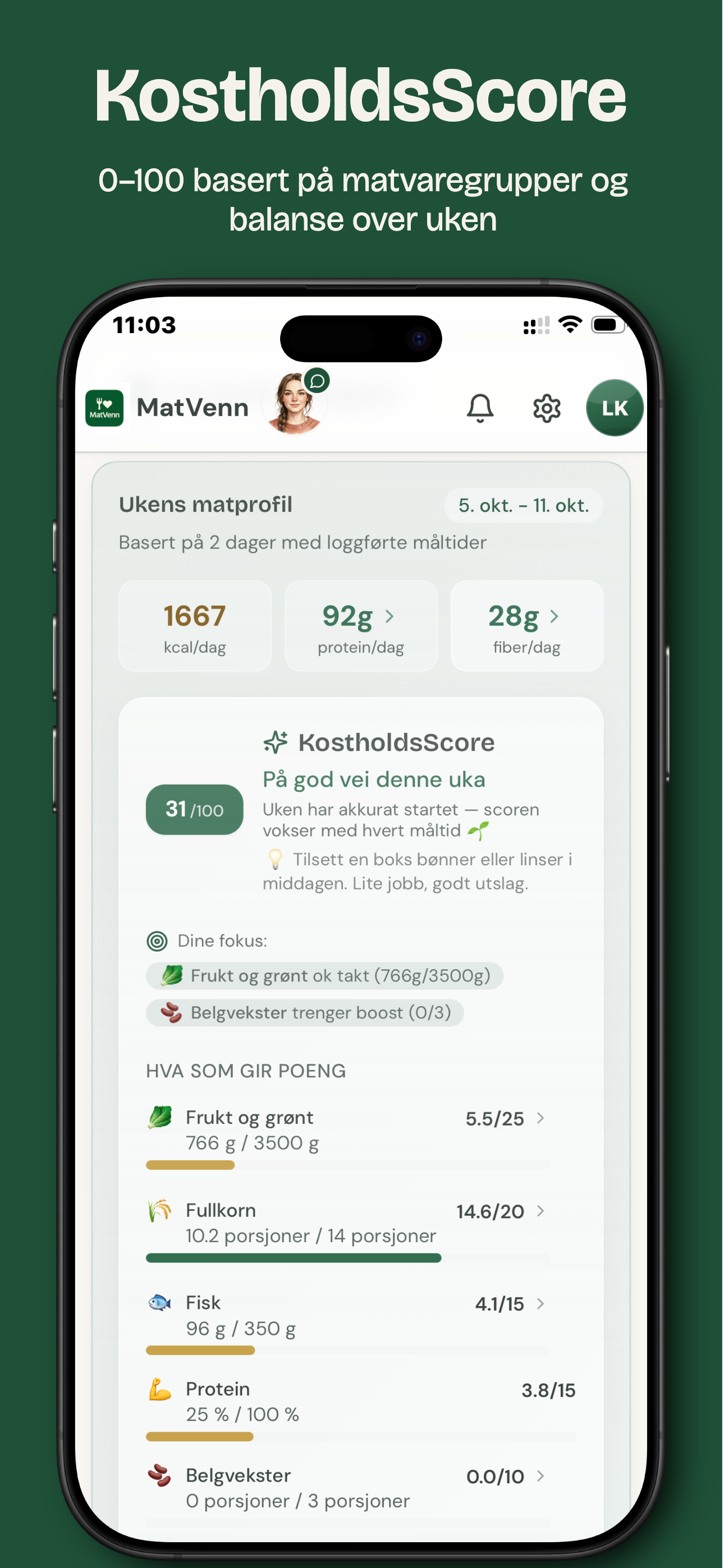 KostholdsScore 0–100 basert på matvaregrupper og balanse over uken