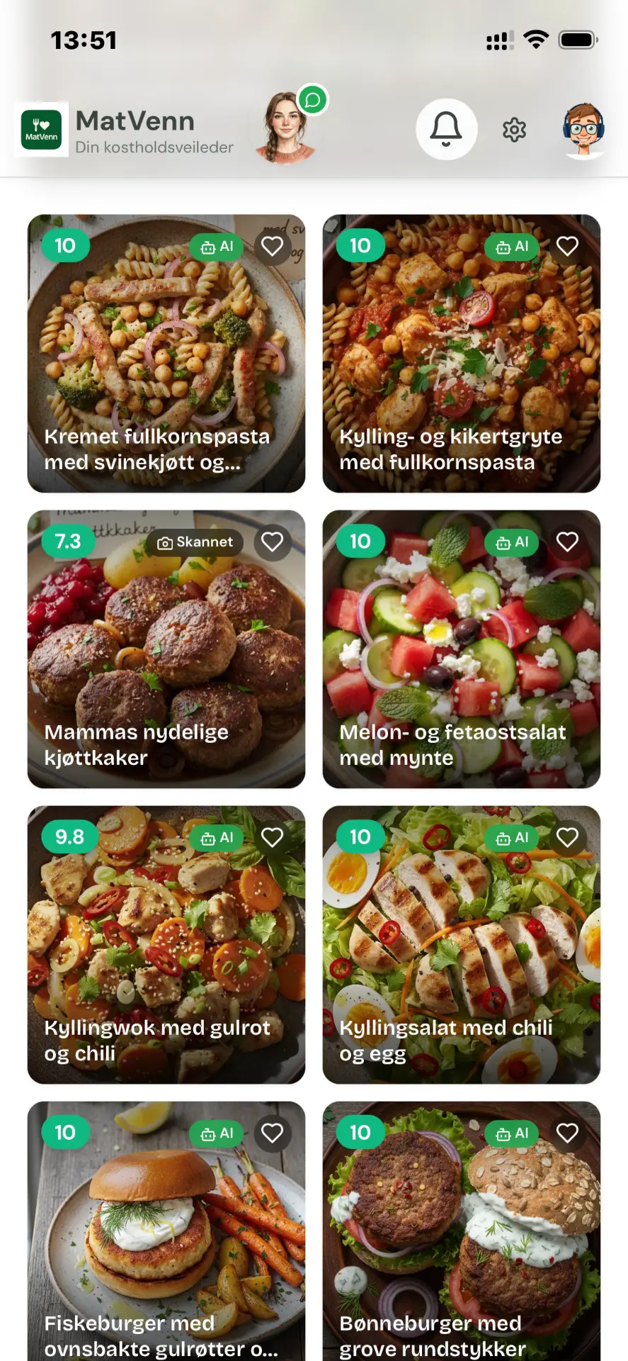 Oversikt over lagrede oppskrifter i MatVenn med MatScore-merker på hver rett