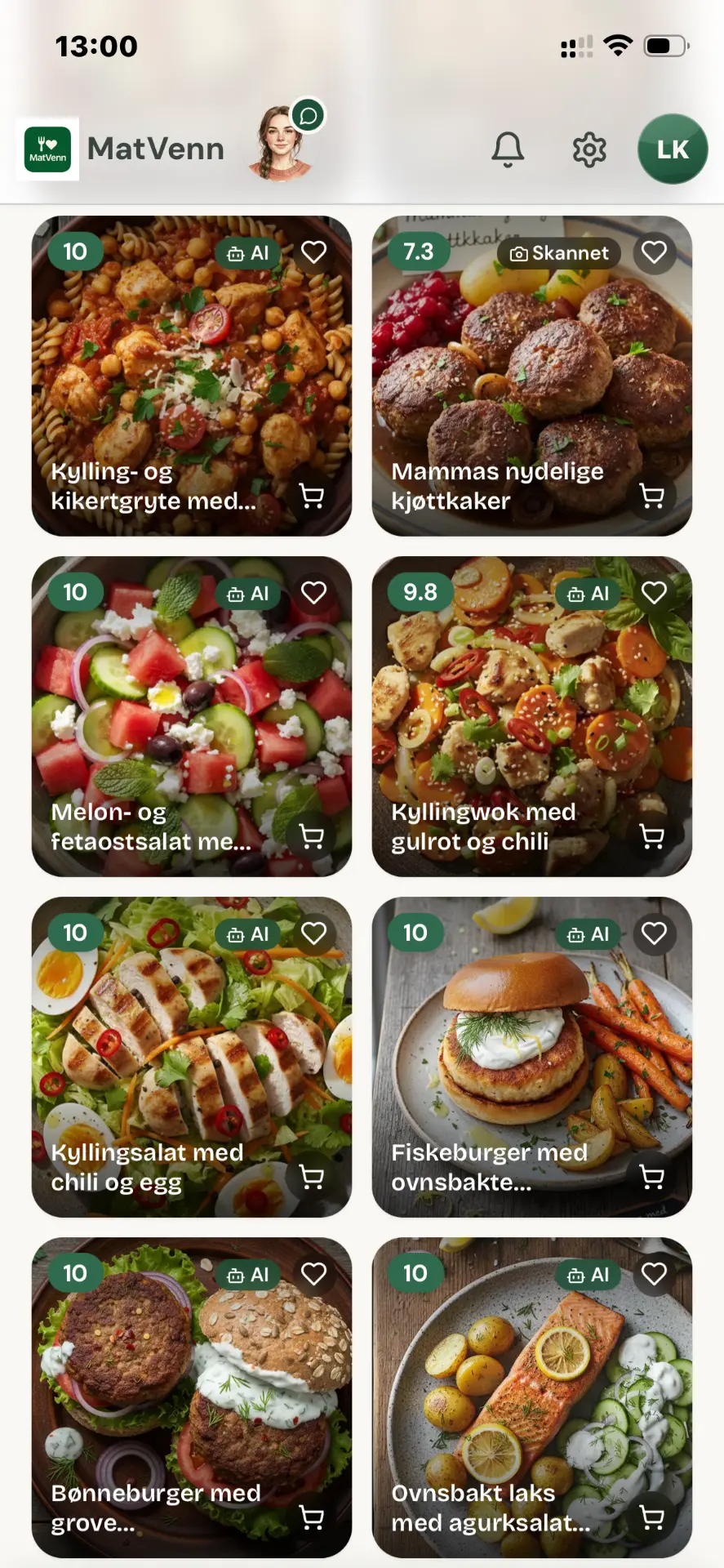 Oversikt over lagrede oppskrifter i MatVenn med MatScore-merker på hver rett