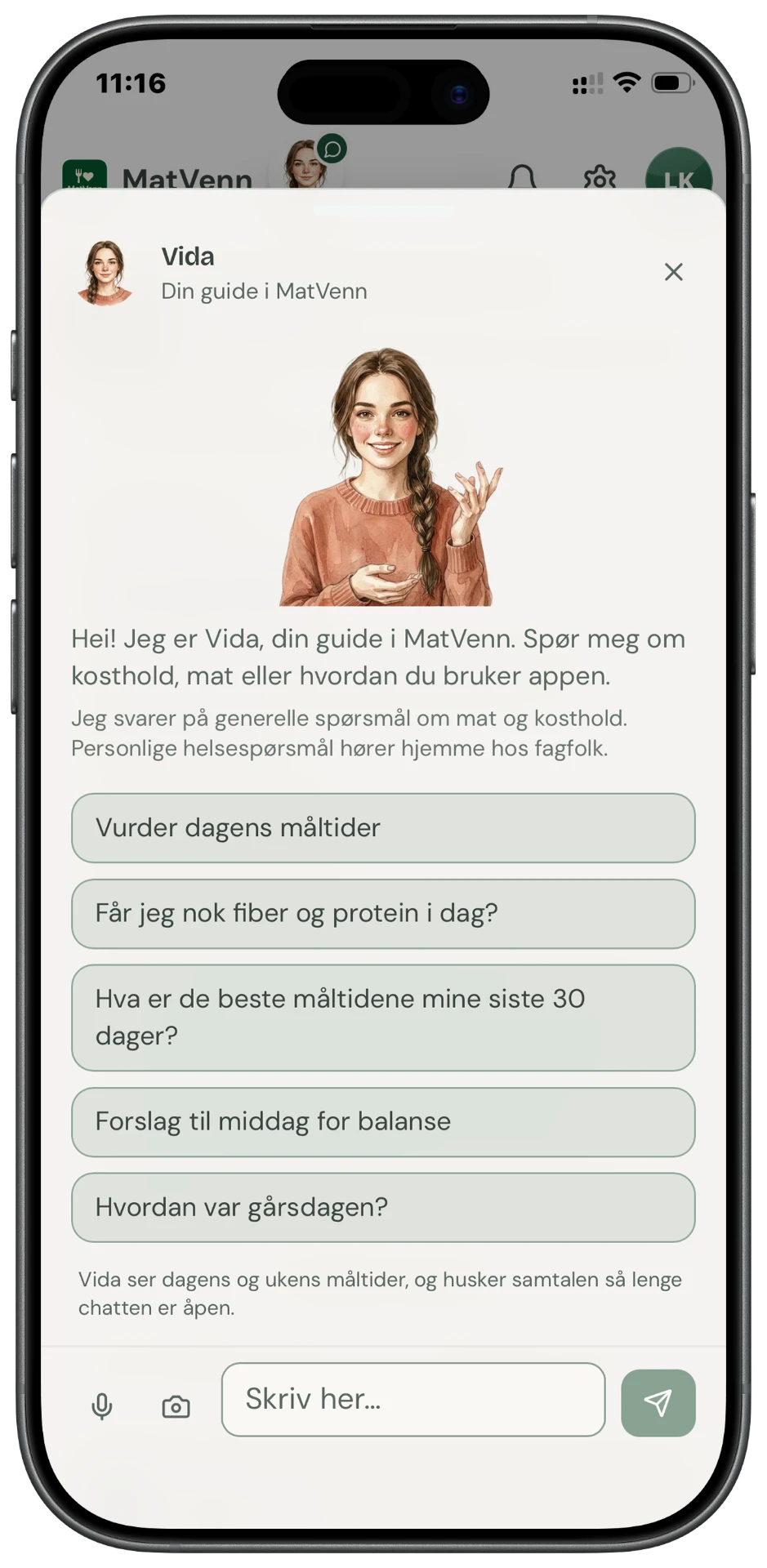 Chat med Vida, kostholdsveilederen i MatVenn, med forslag til spørsmål