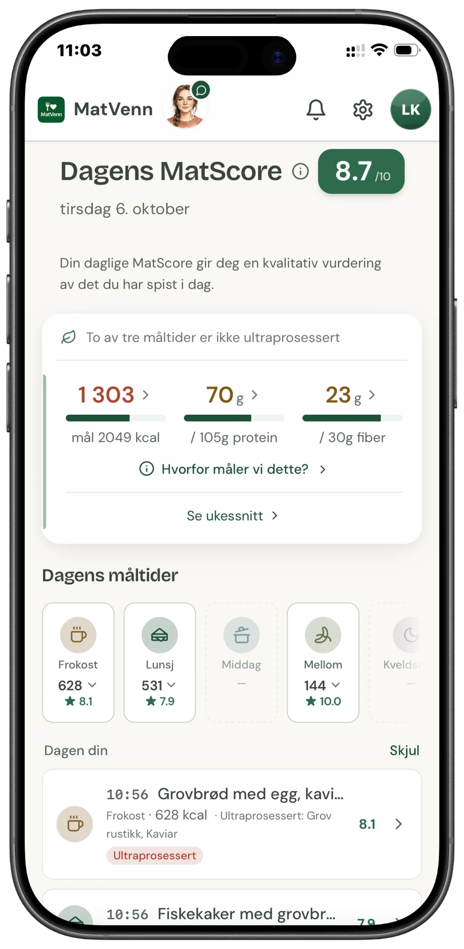 Dagens MatScore i MatVenn med dagsmål for protein og fiber