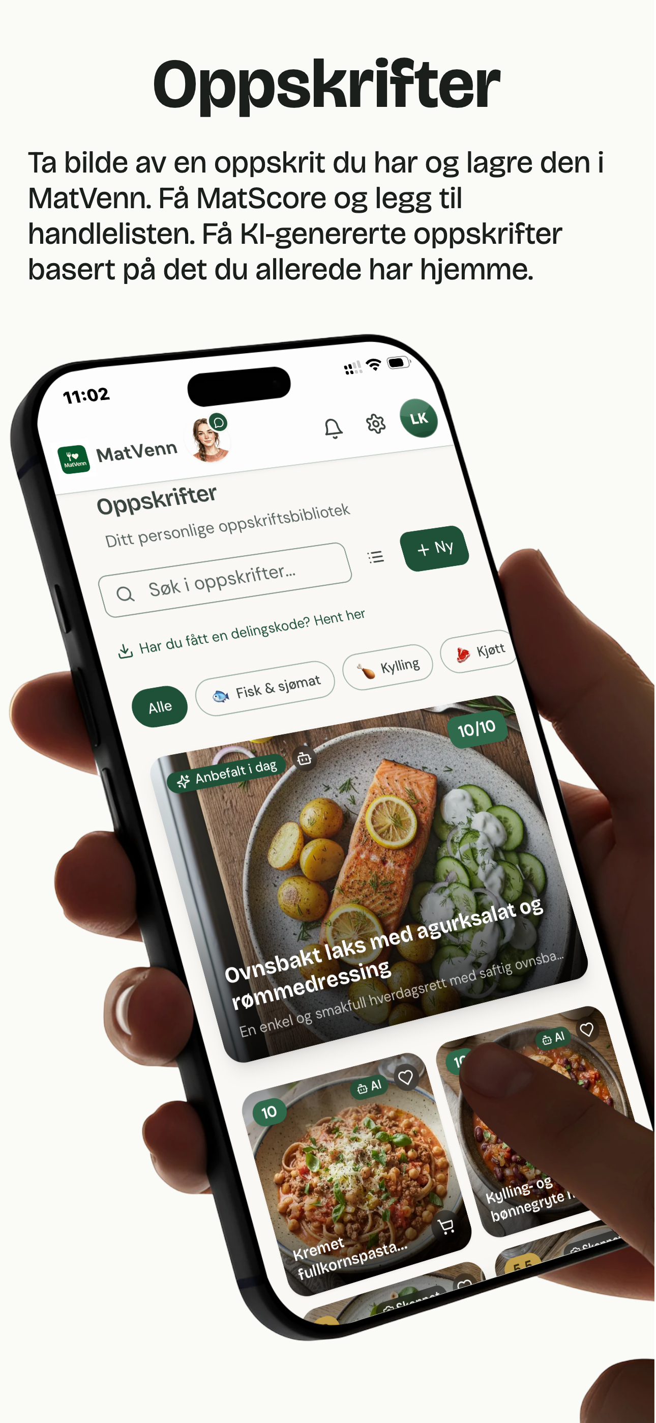 Oppskrifter i MatVenn med MatScore og handleliste