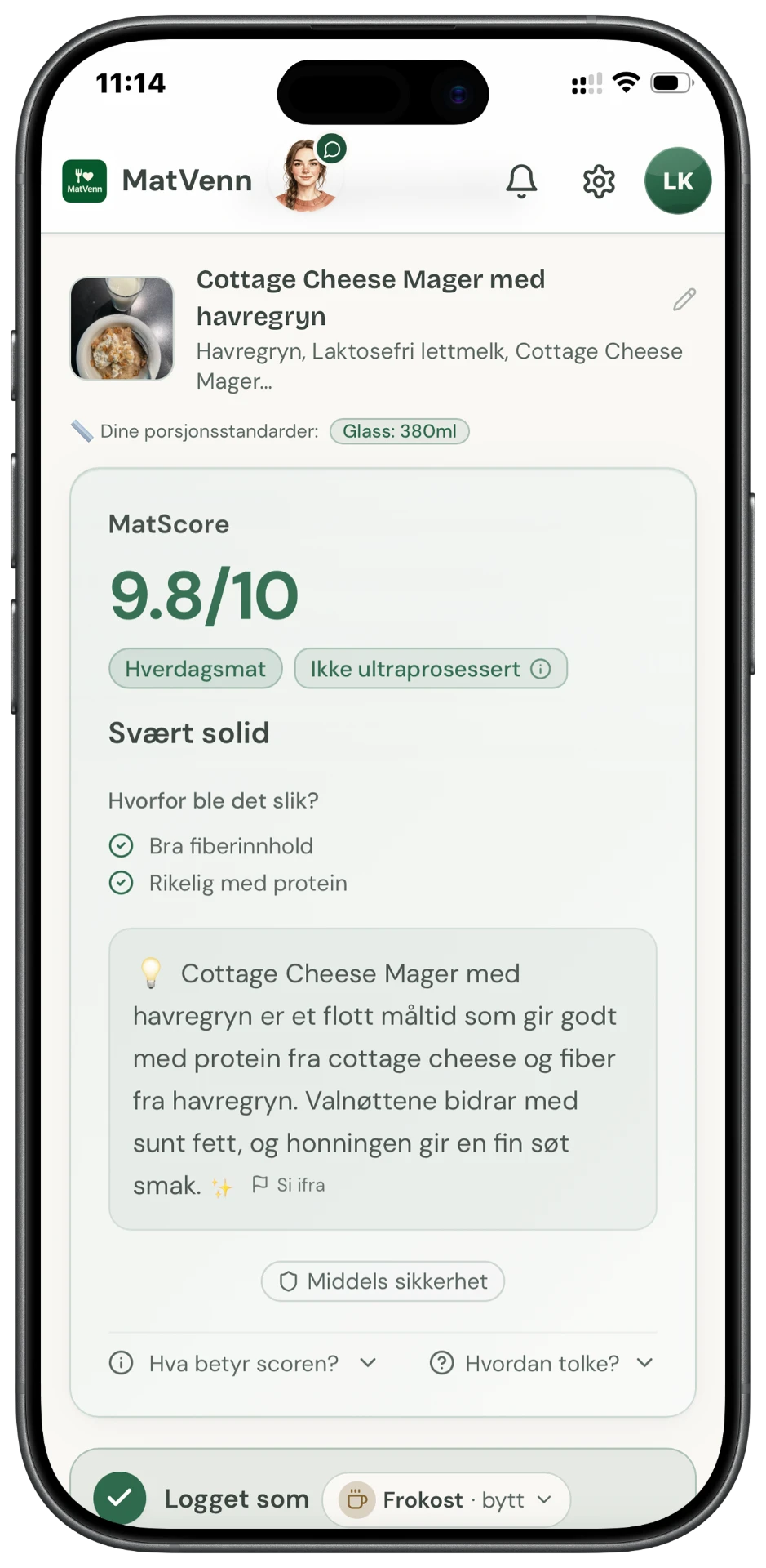 MatScore 9,8 av 10 for cottage cheese med havregryn, med forklaring på hvorfor