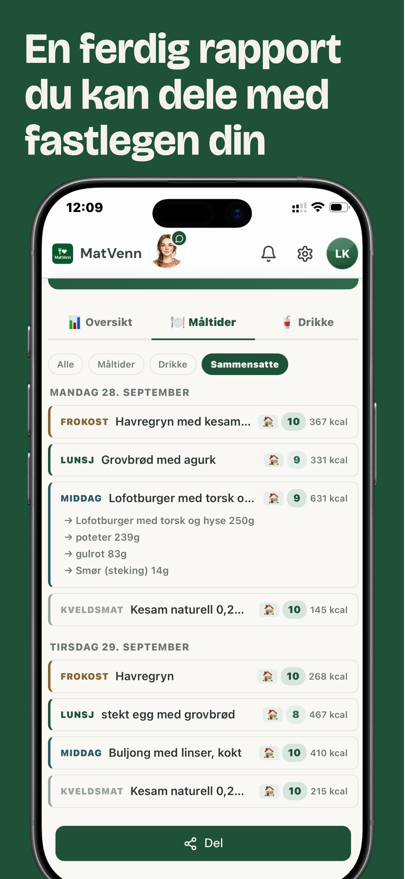 En ferdig måltidsrapport du kan dele med fastlegen din