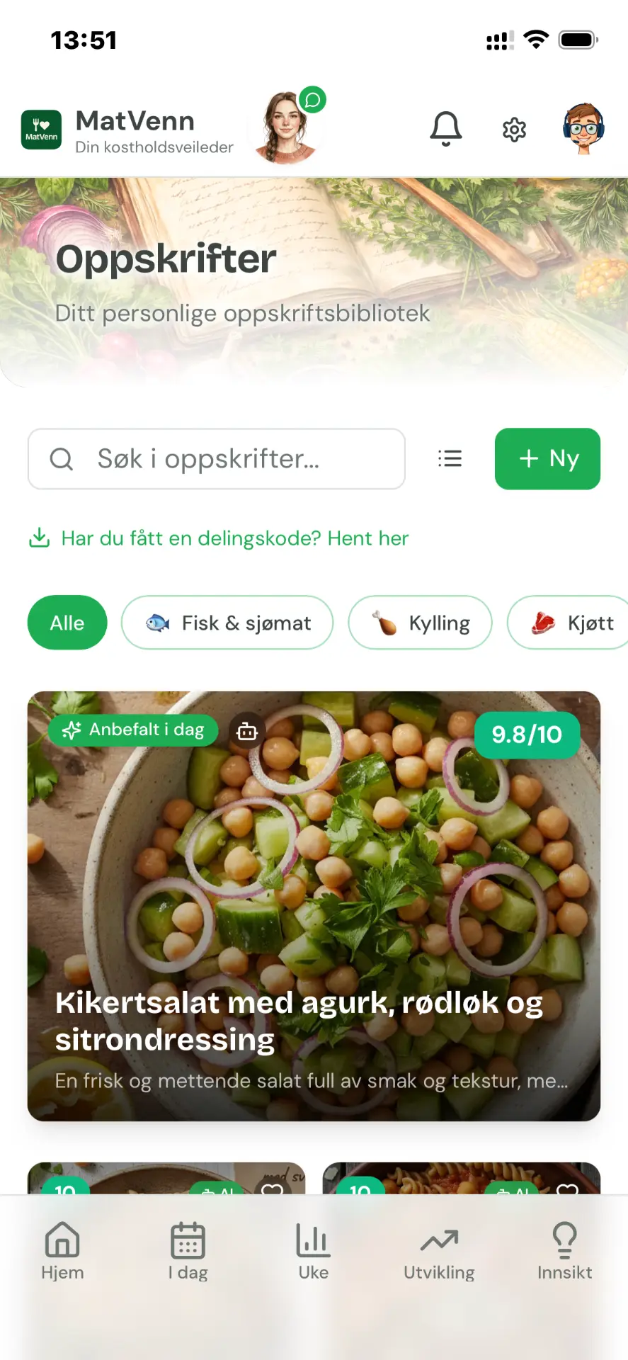 Oppskriftsbiblioteket i MatVenn-appen med søk, kategorier og en anbefalt oppskrift med MatScore 9,8 av 10