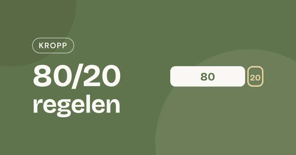 Omslag med teksten «80/20-regelen» og en søyle delt i 80 og 20 prosent