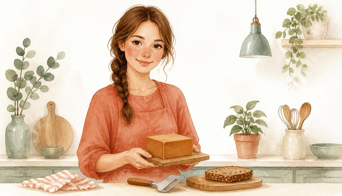 Illustrasjon: Vida med brunost og en skive grovbrød på kjøkkenet
