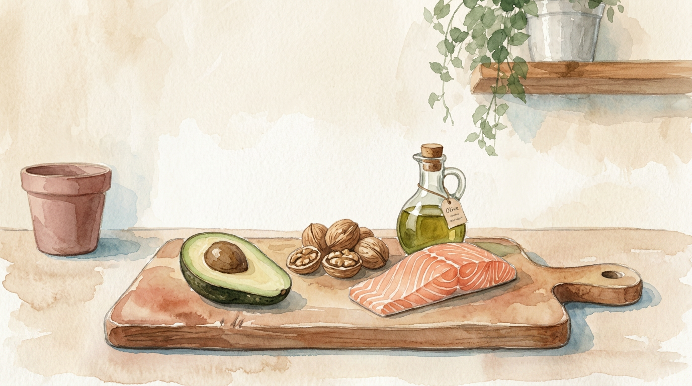 Avokado, nøtter, olivenolje og laks på lin-bakgrunn