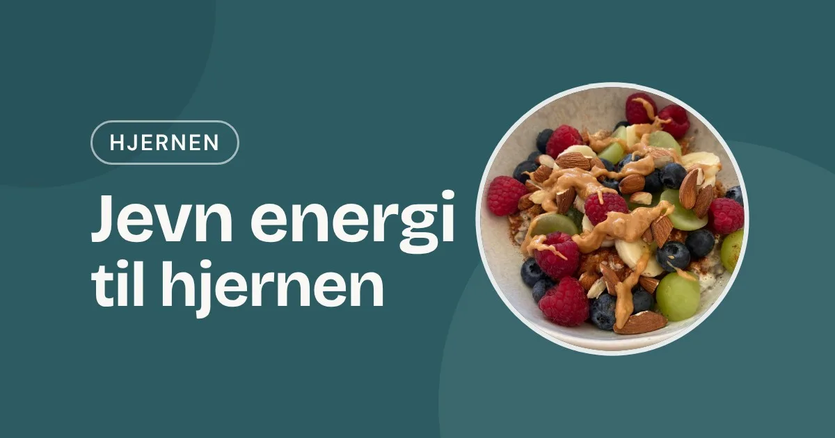 Omslag med teksten «Jevn energi til hjernen» og et foto av en skål med bær, druer og mandler
