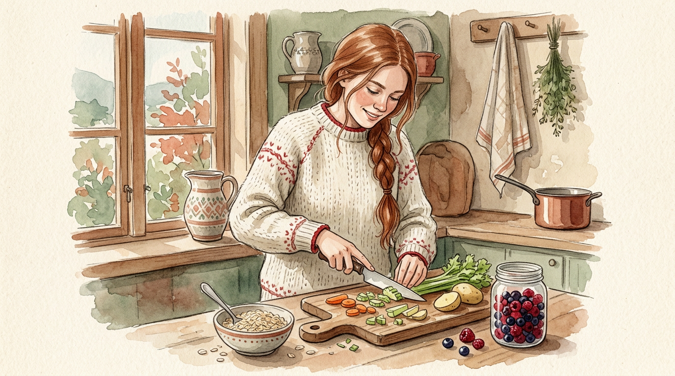 Vida ser rolig på en vinglete stabel av vekter og slankeshaker som holder på å tippe — akvarell i varm skandinavisk stil.