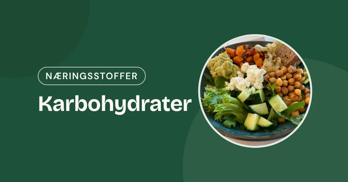 Omslag med teksten «Karbohydrater» og et foto av en bolle med kikerter, søtpotet, fetaost, agurk og grovt brød