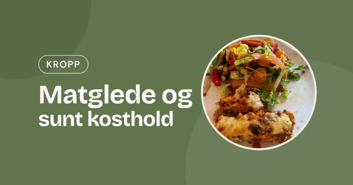 Omslag med teksten «Matglede og sunt kosthold» og et foto av lasagne med blandet salat