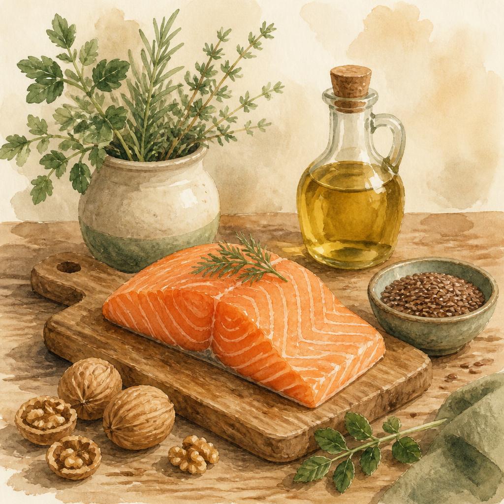Illustrasjon av omega-3-rik mat med laks og valnøtter
