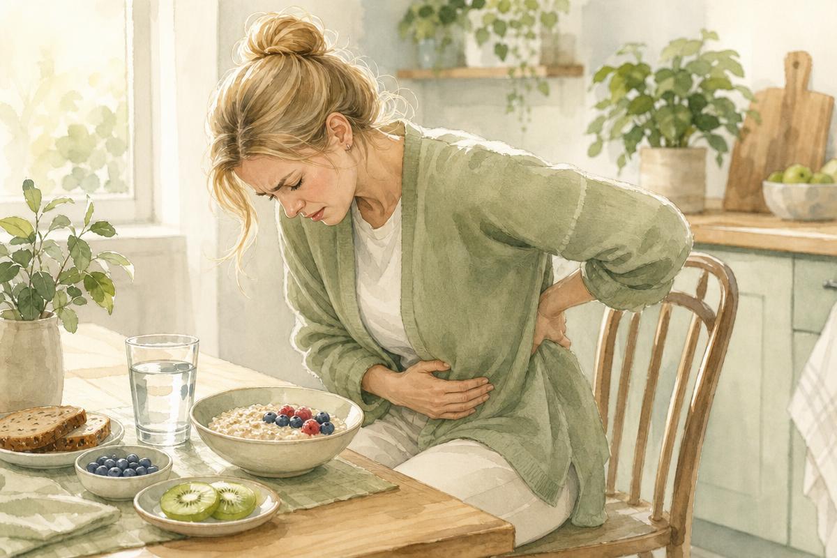 Akvarell-illustrasjon: kvinne med hånden på magen ved et frokostbord med kiwi, bær, havregrøt og grovbrød