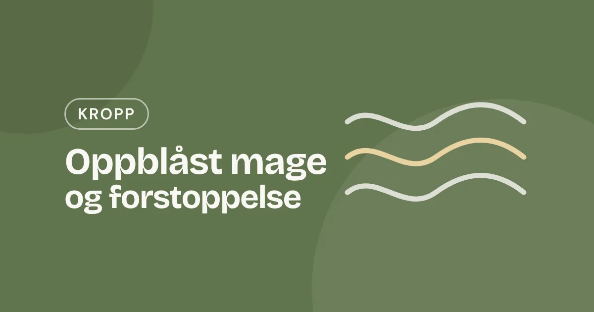 Omslag med teksten «Oppblåst mage og forstoppelse» og tre rolige bølgelinjer