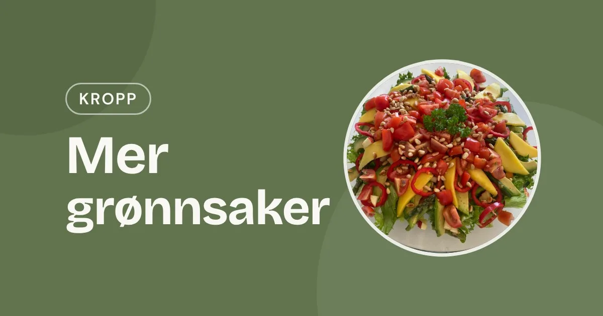 Omslag med teksten «Mer grønnsaker» og et foto av en fargerik salat med paprika, mango, tomat og solsikkefrø