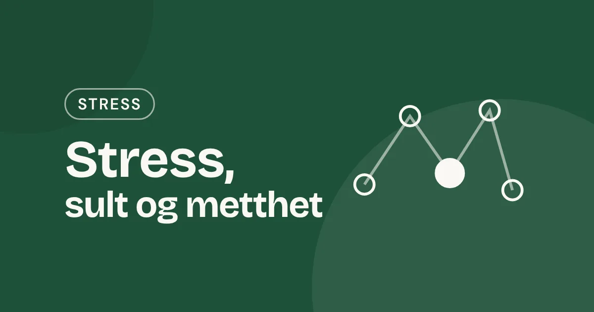 Omslag med teksten «Stress, sult og metthet» og fem sammenkoblede prikker