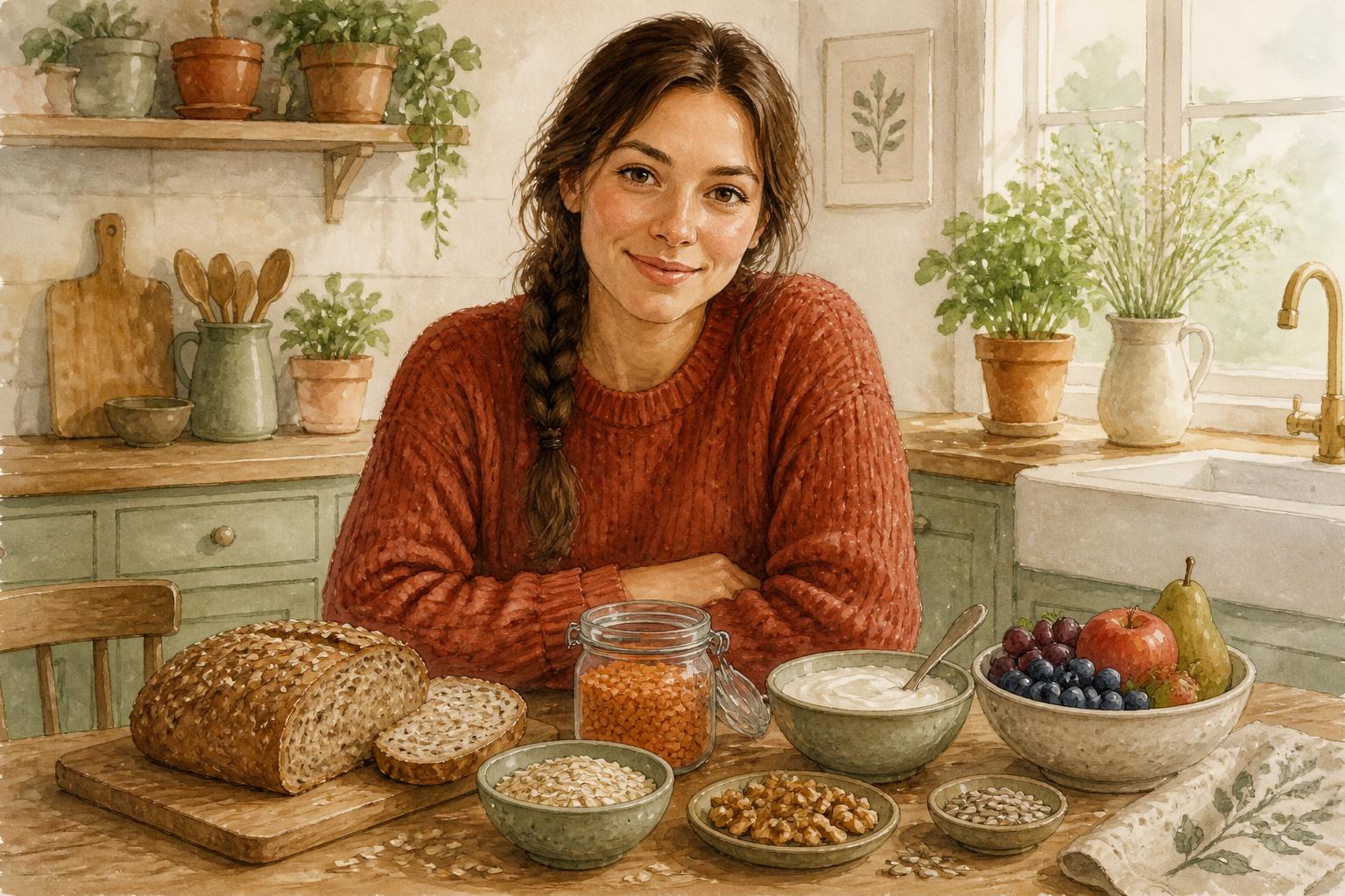 Illustrasjon av næringsrike matvarer som grovbrød, havre, belgfrukter, yoghurt, nøtter og frukt, sammen med MatVenns veileder Vida.