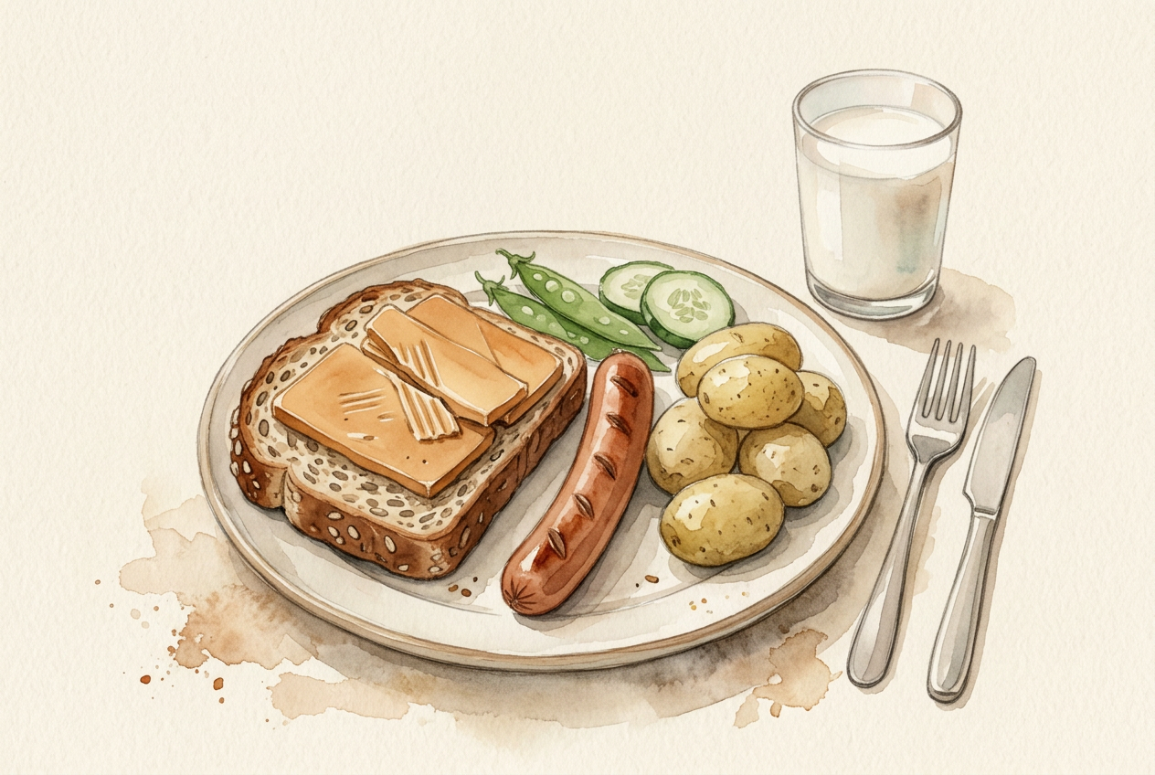 Akvarell-illustrasjon av en typisk norsk hverdagstallerken med brødskive, pølse, poteter og lite grønnsaker